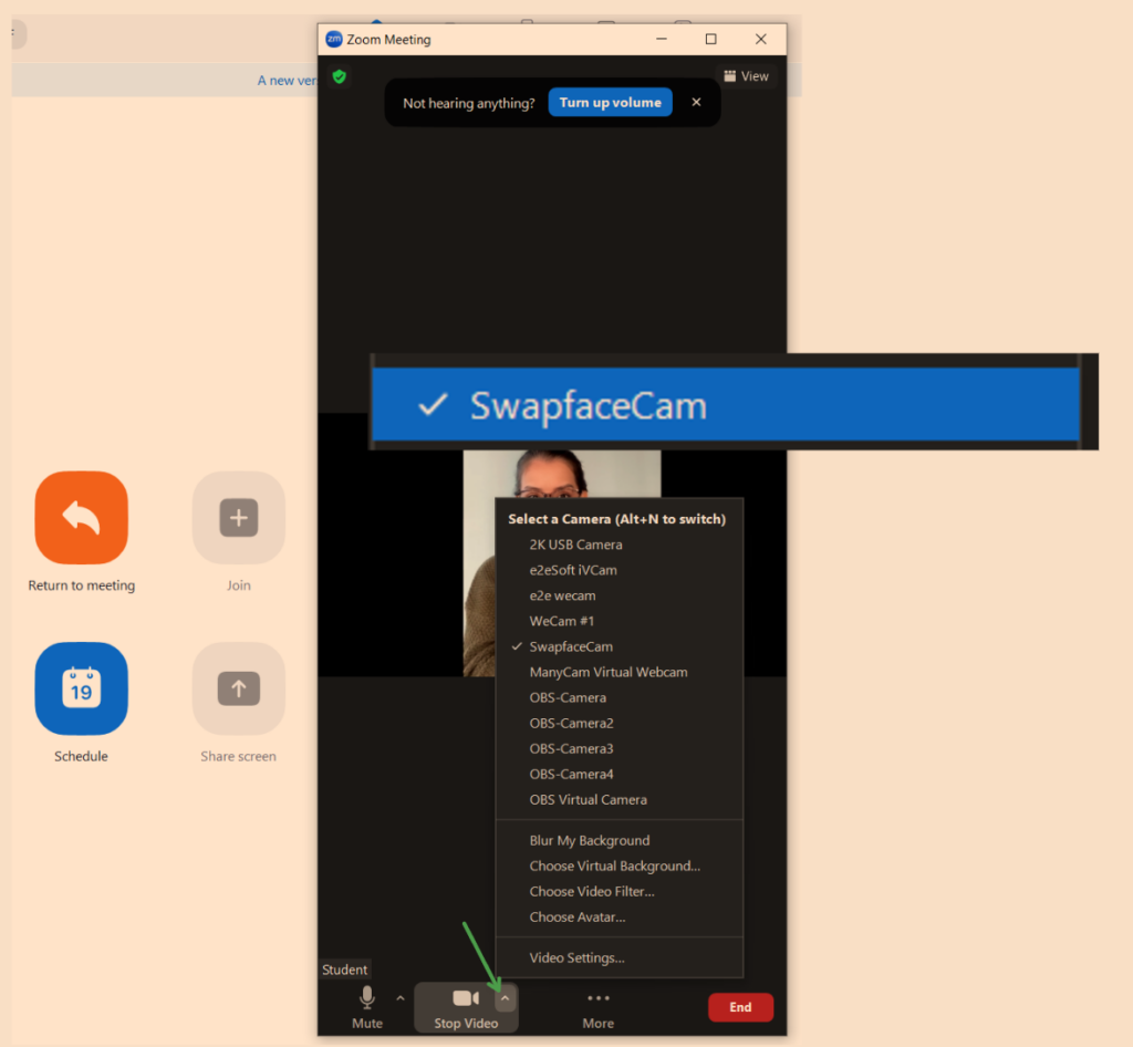 Selecting SwapfaceCam as the camera inside Zoom